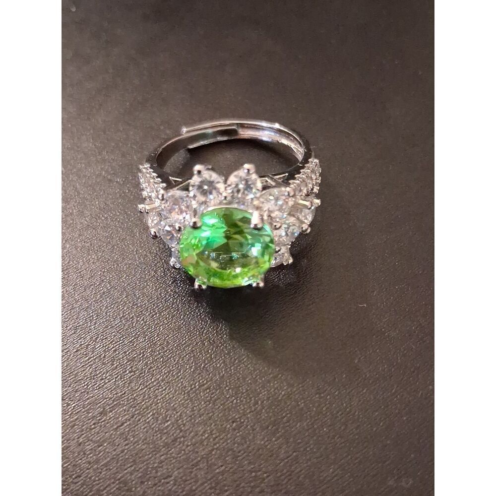 White GP CZ Green Gemstone Ring Size 8 Adjustable
